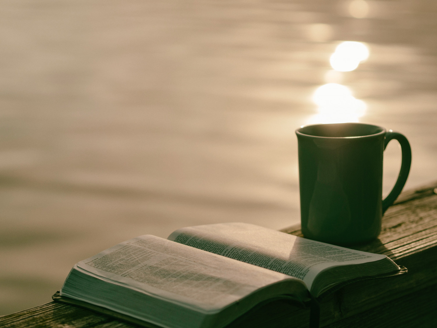 bible and mug by a lake