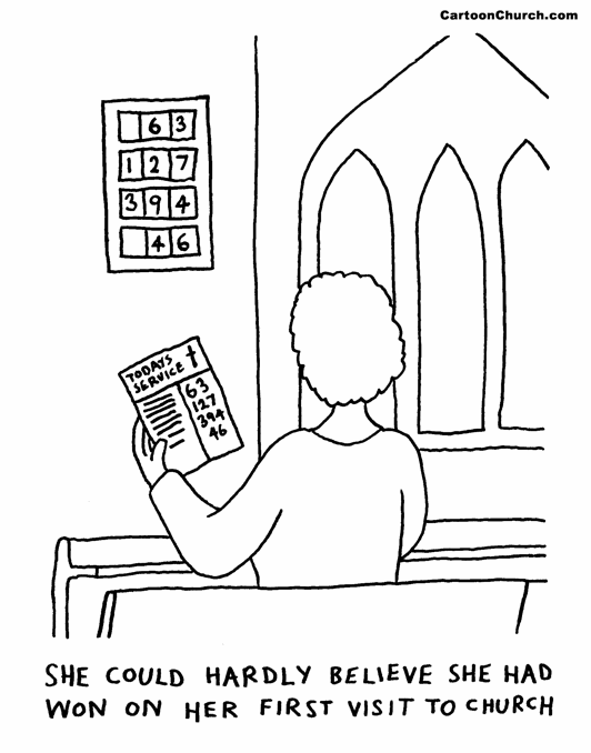 Cartoon: New member of congregation matching bingo card to hymn numbers.